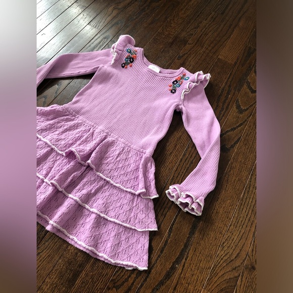 Hanna Andersson Girls 110 (5Y) Lavendar Knit Floral Embroidered Tiered Dress - Picture 2 of 7